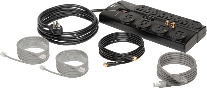 Eaton Tripp Lite TLP1208SAT Home Theater Surge Protector Power Strip, 12 Outlets, Flat Plug 8ft Extension Cord, 2880 Joules Coax, RJ11 and RJ45 Port for Phone, TV, WiFi Router, & Ethernet Protection