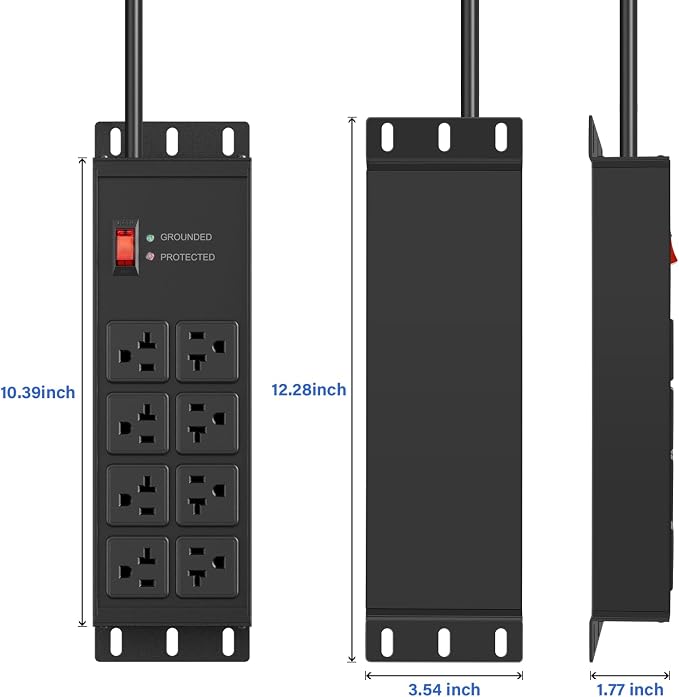 CCCEI Heavy Duty Power Strip Surge Protector 20 AMP Switch, 12 Gauge Extension Cord with Multiple Outlets, Industrial, Shop, Garage High Amp Wall Mount Electric Extender. 12FT, Black.