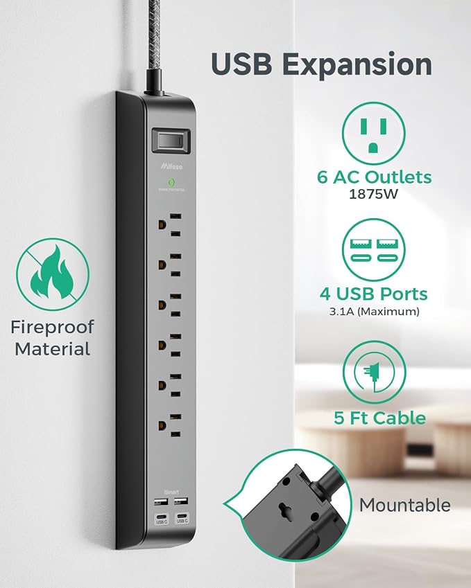 2 Pack Surge Protector Power Strip, Slim Flat Plug, Braided Extension Cord, 5-Foot, 900 Joules, 6 Outlets 4 USB Ports, Wall Mount for Home Office Dorm