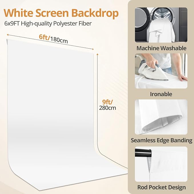 10×7FT White Backdrop with Stand Kit, 6×9FT White Screen Background with Photography Stand, 6 Clamps and Carrying Bag for Photo Shoot, Video Recording, Streaming, Decoration