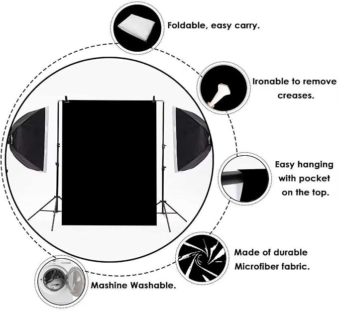 5x7FT Black Photography Backdrop, High Density Polyester Fiber Photo Background Cloth is Foldable and Machine Washable, Suitable for Photo Background Video Photography Studios