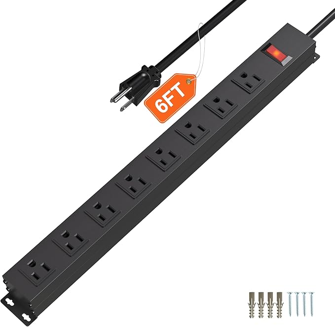 8 Outlet Power Strip with 6FT Long Power Cord Heavy Duty Metal Power Strip Wall Mount for Kitchen,Office,School,Commercial,Workshop,Industrial Listed Socket,1825W/125V/15A,Black(6FT)