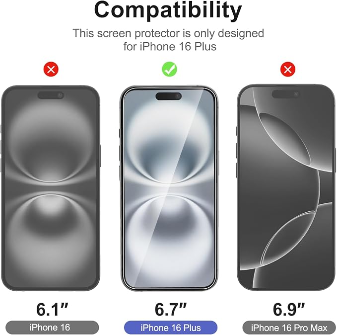 NEW'C 3x for iPhone 16 Plus Screen Protector (6.7 inches)+ 3x Camera Lens Protector, Sensor Protection, Case Friendly Tempered Glass Film + Dust Plug- Easy installation tool include