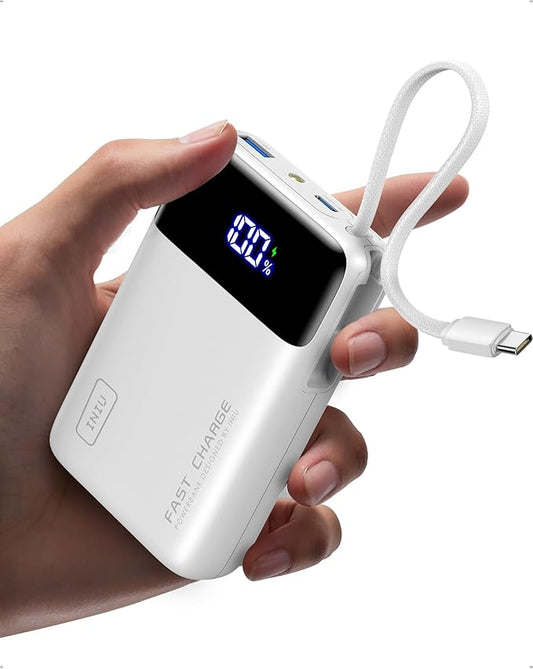INIU 20000mAh Power Bank, Small 45W PD Fast Charging Portable Charger with Built-in USB C Cable, Flight-Safe Travel External Phone Battery Pack for iPhone 17 Pro Max Samsung S26 iPad etc, White
