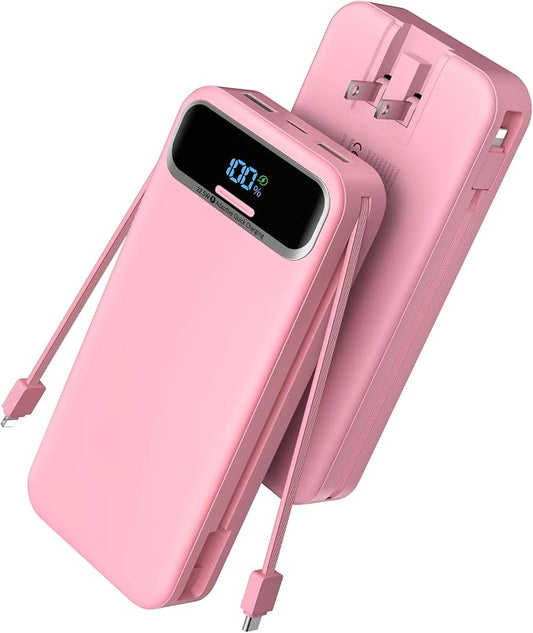 Portable Charger, 20000mAh 22.5W Fast Charging Power Bank with Built-in Cables & Wall Plug, Travel Essential External Battery Pack with LED Display, USB C Battery Phone Charger for iPhone Samsung Pink