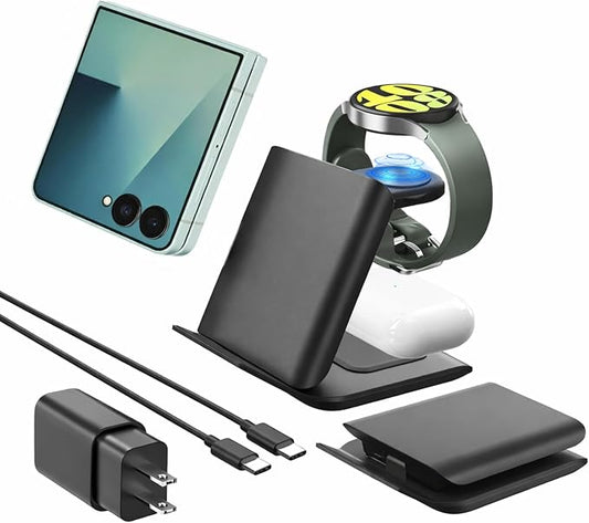 Geyo Wireless Charger for Samsung Galaxy Z Flip 7/6/5/4/3, 3 in 1 Foldable Charging Station for Motorola Razr, Portable Travel Charger for Phone, Galaxy Watch & Buds, Black (PD Adapter Included)