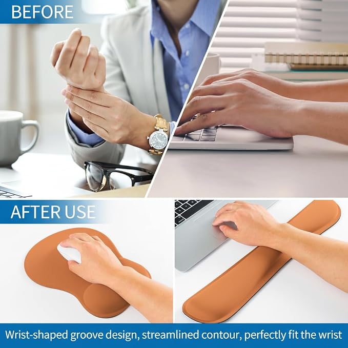 RICHEN Wrist Rest Support for Mouse Pad&Keyboard Set with Coaster,Concave Curved Memory Foam, Non-Slip Base Pain Relief Comfortable Easy Typing Pad for Home/Office (Starry Orange)