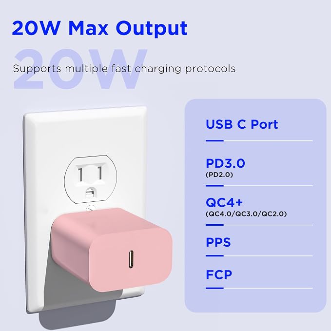 iPhone 17 16 15 Charger Fast Charging,2Pack 20W Apple iPad USB C Wall Chrager Block with 6FT USB C to C Cable for iPhone 17/Pro/Pro Max/17 Air/ 16/16 Pro/16 Pro Max/15/Plus/Pro/Pro Max (Pink)