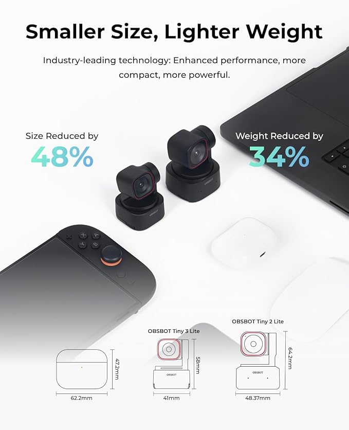 OBSBOT Tiny 3 Lite AI-Powered Spatial Audio 4K Webcam - Compact AI Tracking PTZ Camera with 1/2" Sensor, Tri-Mic, Voice Control, 120FPS, HDR, Webcam for PC, Mac, Laptop, Streaming, Meeting, Switch 2