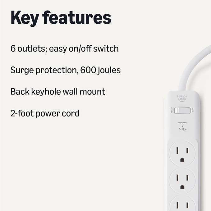 Amazon Basics Rectangle 6-Outlet Surge Protector Power Strip with Circuit Breaker, 600 Joule, 2ft Cord, White, 2-Pack