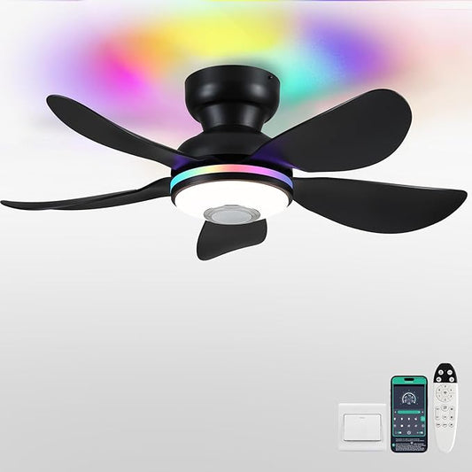 Kviflon 36" Ceiling Fans with RGB Lights Remote/APP Control, Small Ceiling Fan, 3 CCT Dimmable White Lights+RGB Ring Lights+Music Player, 5 Reversible Plastic Blades 6 Speeds for Kidsroom, Black