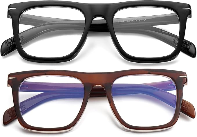 Trendy Square Blue Light Blocking Glasses for Men Women, Fashion Frame Non-prescription Computer Glasses (Black+Brown)