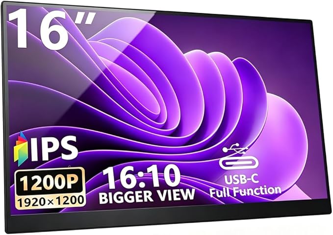 16" Portable Monitor 1200P 16:10 IPS Laptop Screen Extender, USB-C HDMI External Second Monitor with HDR, Built-in Stand & Speakers,VESA Compatible Portable Monitor for Laptop PC Mac Phone Xbox PS5
