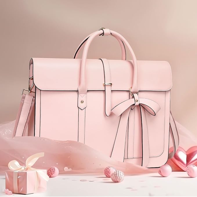 MOSISO Laptop Bag for Women, 17 inch PU Leather Laptop Shoulder Bags Convertible Backpack, 17.3 inch Messenger Bags Casual Handbag Work Briefcase Travel Computer Bag with Bowknot, Pink