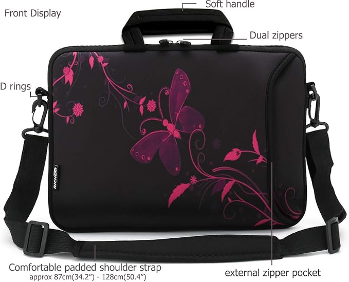 RICHEN 14 15 15.4 15.6 inch Laptop shoulder bag Notebook Handle Sleeve Neoprene Soft Carrying Travel Case with Accessories pocket (14-15.6 inch, Nice Butterfly)