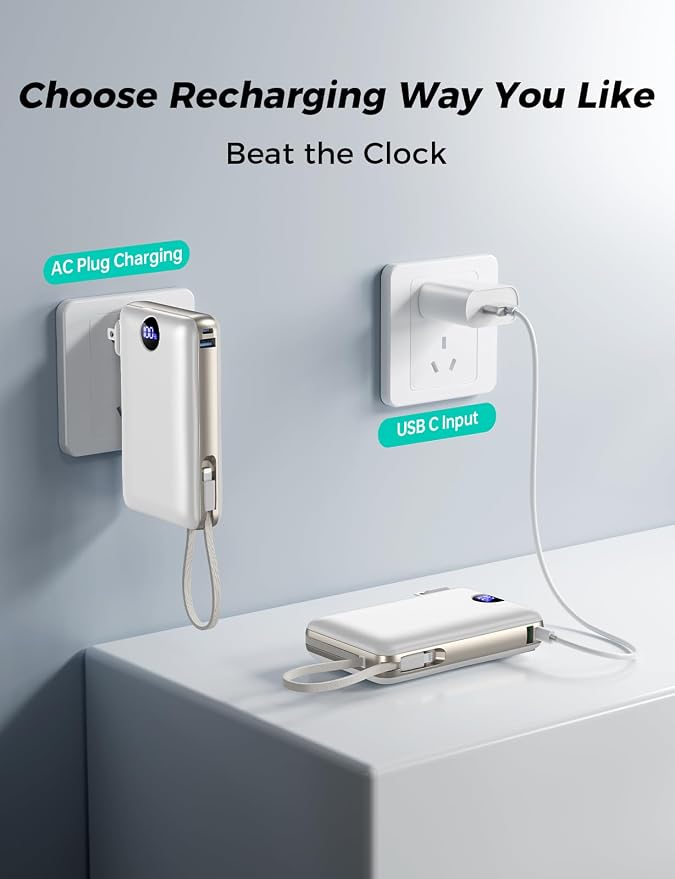 Portable Charger 50000mAh with Built-in Cables and AC Wall Plug, 22.5W Fast Charging Power Bank with LED Display for iPhone 17/16, Samsung, Android Devices, Camping, Road Trips and Travel, White