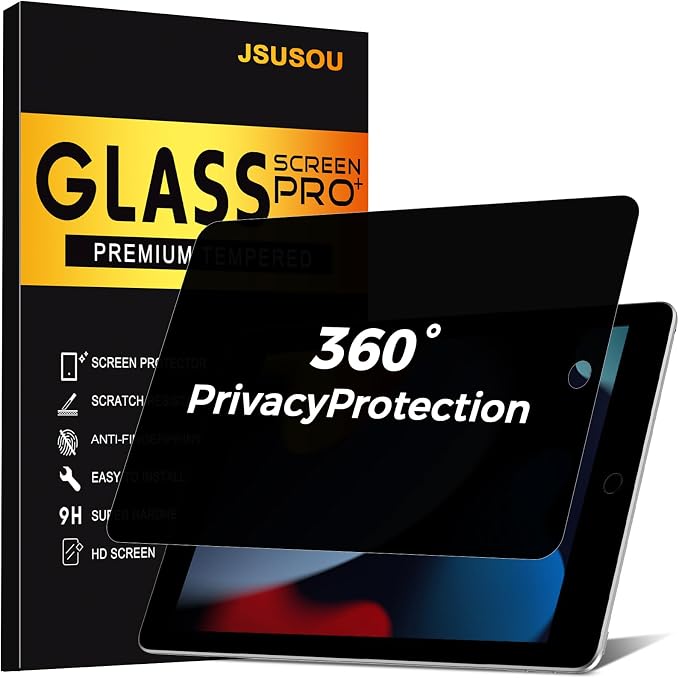 360° 4 Way Privacy Screen Protector for iPad 9th Generation 10.2 Inch 2022, 360 Degree Anti-Spy Tempered Glass Film for iPad 8th/7th Gen 10.2", Touch Sensitive, Case Friendly, 1 Pack