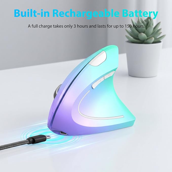 Lekvey Ergonomic Mouse, USB-C Wireless Vertical Mouse, Rechargeable Dual Mode Mice with 2.4G USB-A Receiver and Type-C Adapter, 3 Adjustable DPI, Relieves Wrist Pain, for Laptop, PC, Mac, Green Violet