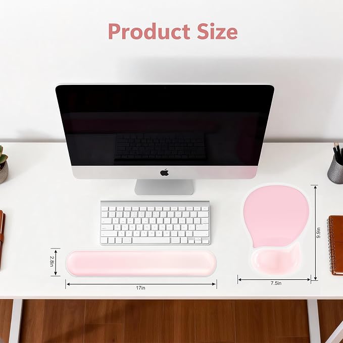 AKIT Ergonomic Mouse Pad and Keyboard Wrist Rest, Gel Wrist Rest for Computer Keyboard, Non-Slip Base, Pain Relief, Mousepad Set for Gaming, Home and Office, Pink