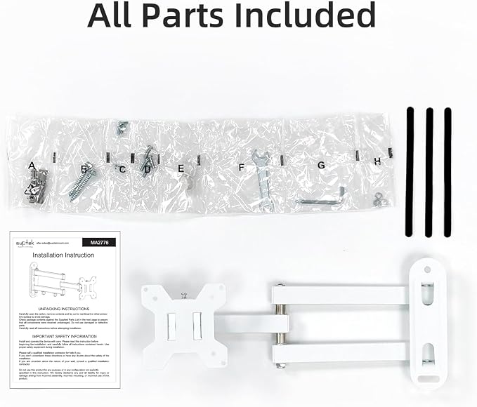 Suptek Full Motion TV Wall Mount Bracket for Most 13-30 inch TVs and Monitors, Flat and Curved TVs up to 28.66lbs, Tilt Swivel and 16.5 inch Extension, Max VESA 100x100mm, White, MA2776W