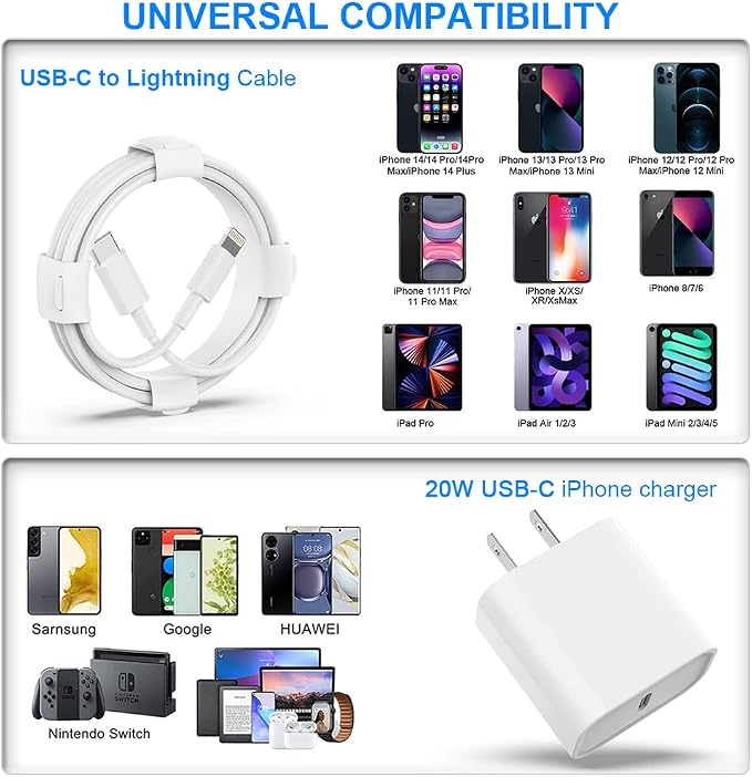 USB C Charger iPhone Charger Fast Charging 3Pack 20W Type C Wall Charger Block with 6FT Long USB C Charger Cable Compatible for iPhone 14Pro/13 Pro/12/12 Pro Max/11/XS Max/XS/XR/X/8
