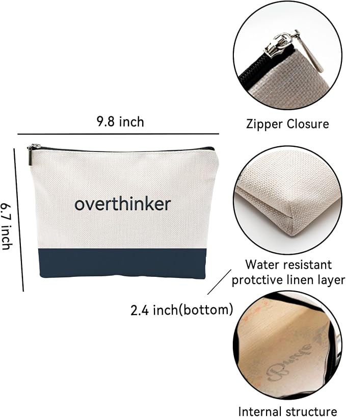 Funny Makeup Bag for Women - overthinker Relatable Quote Pouch - Minimalist Navy Blue Color Block Canvas Cosmetic Organizer - Unique Gift for Best Friend, Introverts & Mental Health Awareness