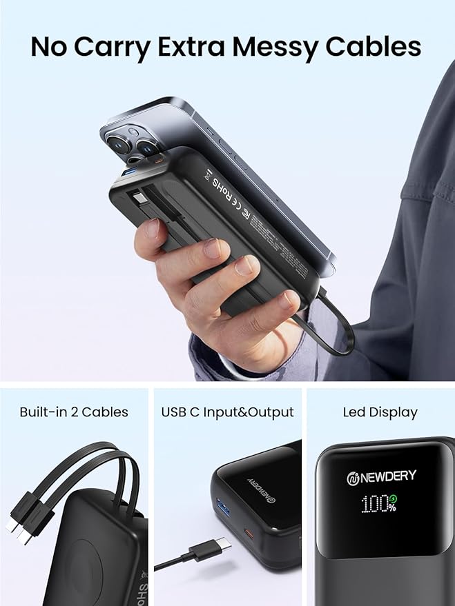 NEWDERY 5-in-1 Portable Charger 20000mAh Power Bank for Apple Watch/iPhone, PD 20W Fast Charging with LED Display, Built-in 2 Cables, Travel Battery Pack Compatible with iWatch, iPad, Samsung