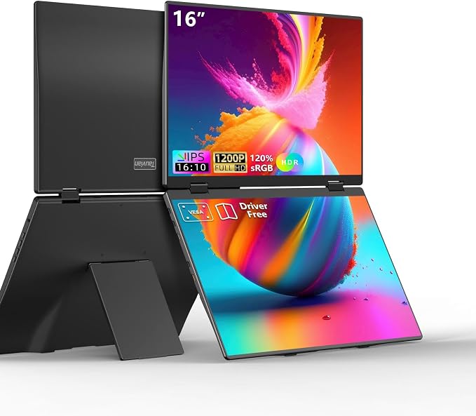 Dual Portable Monitors, 16"/1200P/FHD Foldable Laptop Screen Extender, All-Metal, Ultra Slim, Plug & Play, Extend/Mirror/Splicing/Flip Mode, USB-C/HDMI, Low Blue Light, Speakers, for Win/Mac