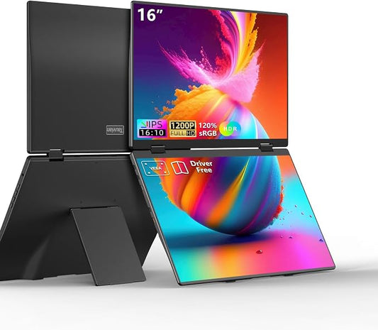 Dual Portable Monitors, 16"/1200P/FHD Foldable Laptop Screen Extender, All-Metal, Ultra Slim, Plug & Play, Extend/Mirror/Splicing/Flip Mode, USB-C/HDMI, Low Blue Light, Speakers, for Win/Mac