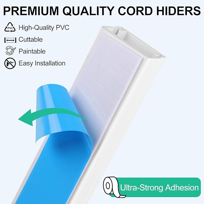 Rindion Cord Hider, 85.2in TV Cable Hider, Cord Covers for Wires on Wall, Self-Adhesive Wire Hider for TV on Wall Cable Management, 6 x L14.2 x W0.94x H0.55in - White