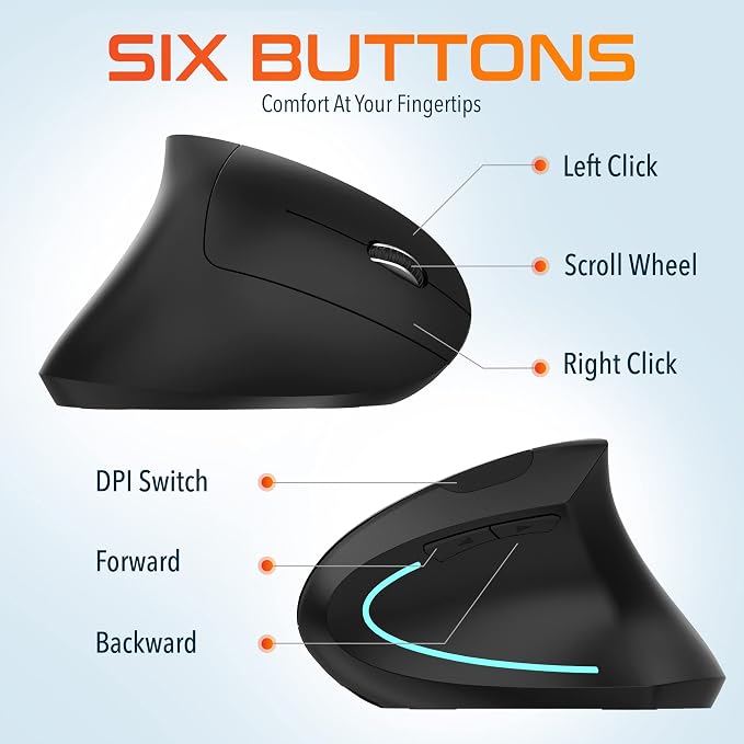Delton Ergonomic Vertical Rechargeable Wireless Mouse with Auto Pair USB Dongle, 6 Buttons, 3 Adjustable DPI Levels (800/1200/2400), Compatible for PC, Laptop, Mac, Chromebook - Black