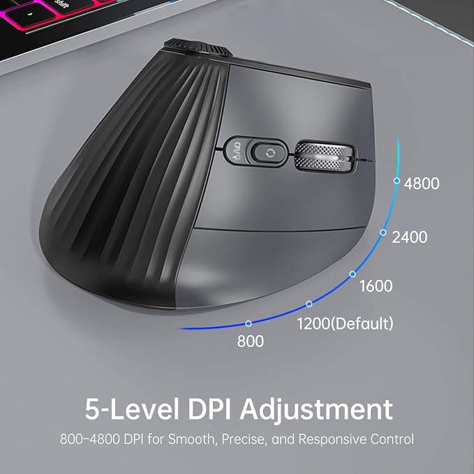 Ergonomic Wireless Mouse, Bluetooth Vertical Silent Mouse with LED Screen and Knob Control, Rechargeable, 4800 DPI, Hyper-Fast Scrolling, 3 Multi-Device Connections, for PC and Mac Systems