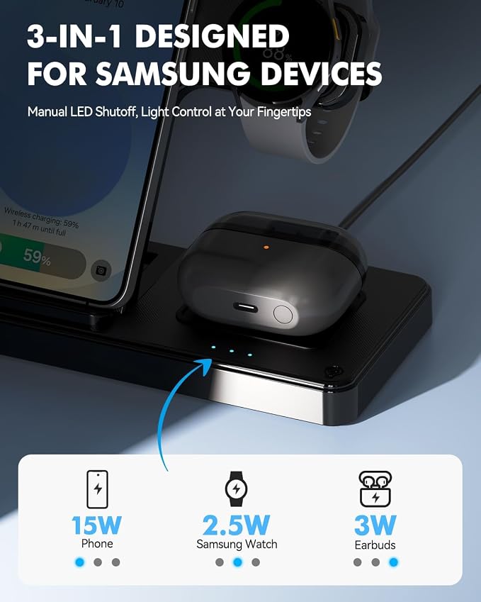 3-in-1 Foldable Wireless Charger for Samsung: 15W Qi Charging Station for Samsung S26/S25/S24/S23/S22/S21, Note 20/10, Z Fold 6/5, Galaxy Buds 4/3/2 Pro and Galaxy Watch-Android Charging Stand