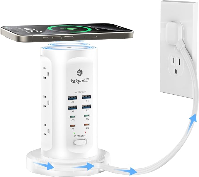 Kakyanill 115W USB Charging Station, Surge Protector Power Strip Tower, 9 AC Outlets with 8 USB Ports(4 USB-C), 6Ft Flat Plug Retractable Extension Cord, for Home Office Dorm, White
