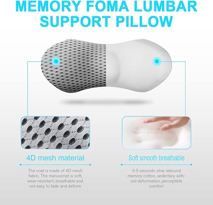 Lumbar Support Pillow for Office Chair, Memory Foam Lumbar Pillow for Lower Back Pain Relief (Grey)