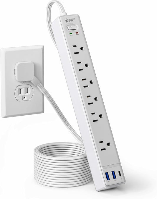 Flat Plug Surge Protector Power Strip, 6ft Ultra Thin Extension Cord with 3 USB, SUPERDANNY 6 Outlets Charging Station, Wall Mountable Outlet Extender for Home Office, College Dorm Room