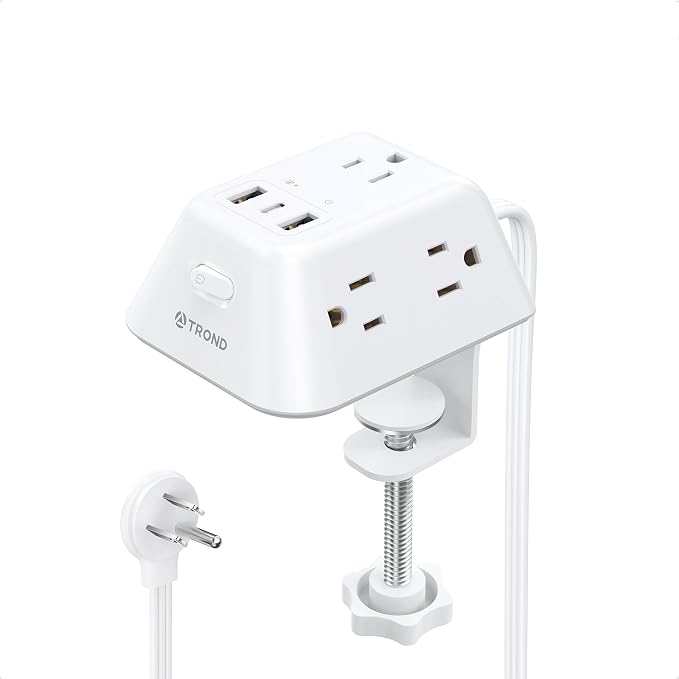 Desk Clamp Power Strip, Surge Protector with 5 AC Outlets and 3 USB Ports, Desk Mount Charging Station, Fit 1.97in Tabletop Edge Thick, 6FT Extension Cord, for Home Office Gaming Accessories, White