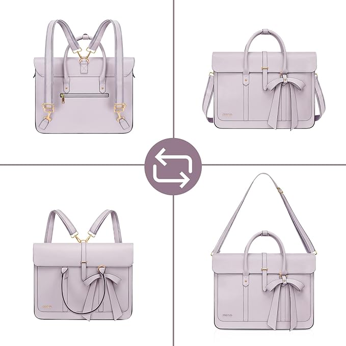 MOSISO Laptop Bag for Women, 15-15.6 inch PU Leather Laptop Shoulder Bags Convertible Backpack, 16 inch Messenger Bags Casual Handbag Work Briefcase Travel Computer Bag with Bowknot, Dusty Lilac