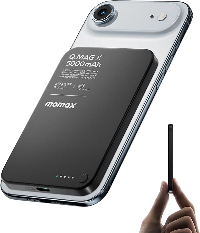 MOMAX Magnetic Wireless Power Bank 5000mAh, Ultra-Slim 0.3" MagSafe-Compatible Portable Charger, 20W USB-C PD Fast Charging, for iPhone 17/16/15/14/13/12 Series, Samsung Galaxy & Google Pixel