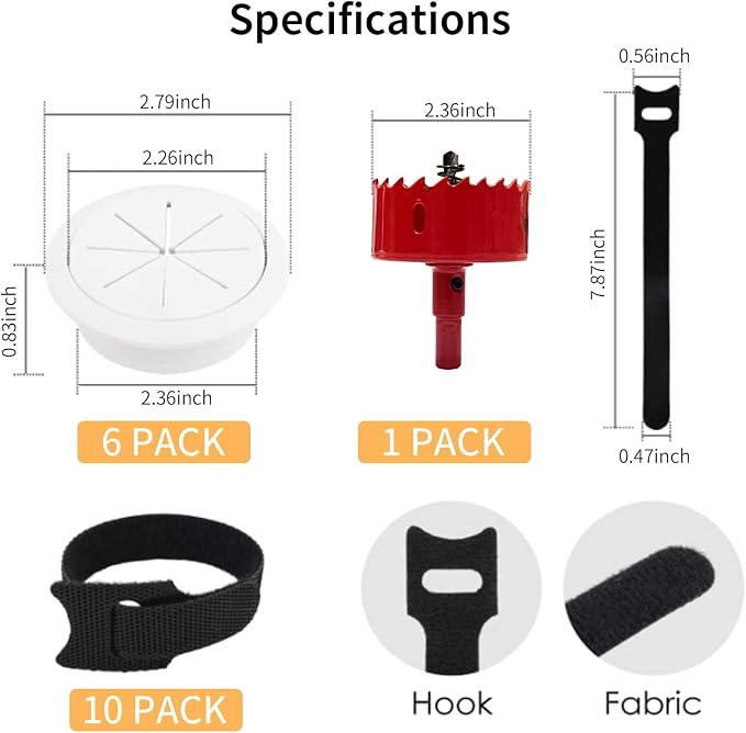 4 Pack TV Cord Hider for Wall Mounted TV, 2-3/8"(60mm) in Wall Cable Management Kit, Includes 4 White Pass Throughs, 1 Hole Saw Drill Attachment & 10 Cable Ties for Easy Install