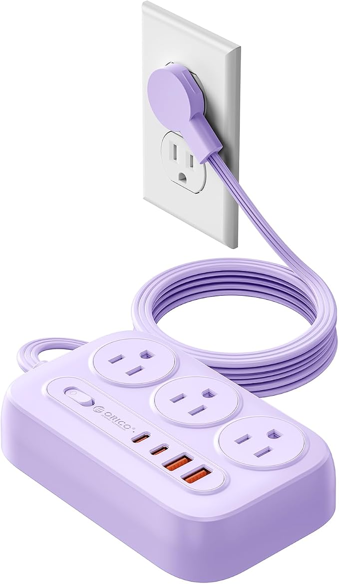 ORICO Surge Protector Power Strip, PD20W Multiple Outlets Extension Cord with 6 AC Outlets and 4 USB Charging Ports (2 USB-C), 45° Flat Plug, 5 Ft Mountable Outlet Extender for Home/Office/Dorm - OG