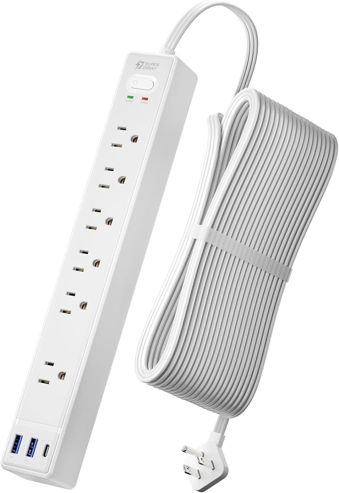 20Ft Long Extension Cord, SUPERDANNY Flat Plug Surge Protector Power Strip 20 Feet, 6 Outlets & 3 USB Ports, Wall Mountable Power Bar for Home Office, Dorm Room