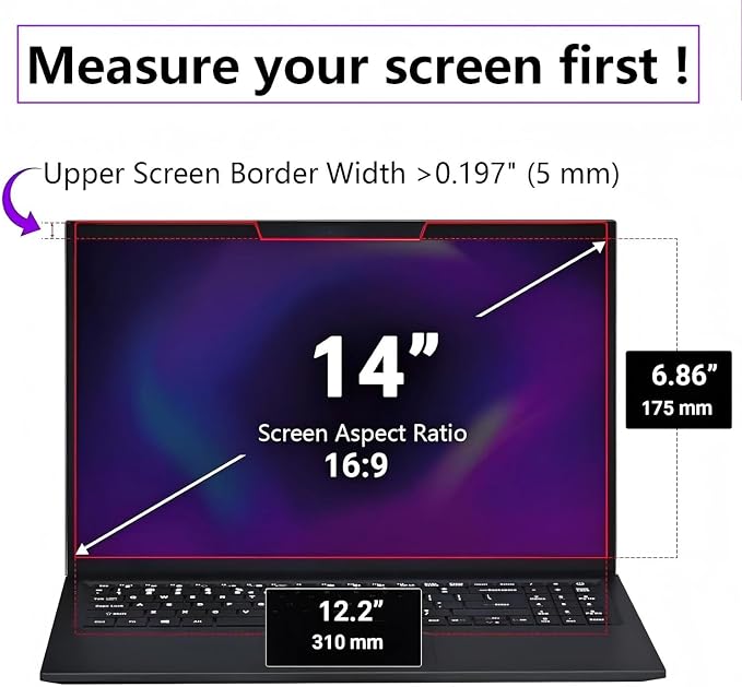 14-inch magnetic privacy screen, suitable for laptops with a 16:9 removable anti-glare filter, reduces blue light/compatible with HP, Dell, Acer, Asus, Samsung, Lenovo and other laptops.