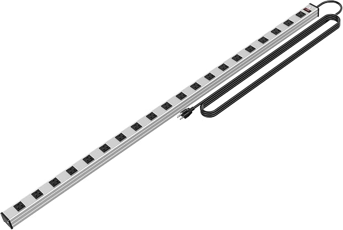 20 Outlet Heavy Duty Metal Socket Power Strip,15-Foot Long Extension Cord with Circuit Breaker. Mounting Brackets Included,Workshop/Industrial use,ETL Certified