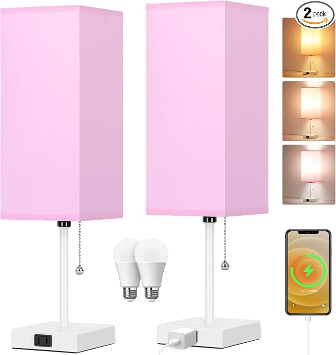 18'' Table Lamp for Bedroom set of 2,3-Color Bedside Lamps with Pull Chain Table Lamps for Night stands ,Small Night Light Lamps with 2 Bulbs Lamps for Living Room Kids Room Office Decor（Pink+White）