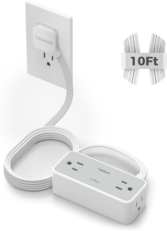 TESSAN Flat Plug Extension Cord 10 FT, Surge Protector Power Strip with 4 AC Outlets, 900 Joules Protection, Multiple Wall Outlet Extender Suitable for Office Dorm, Grey