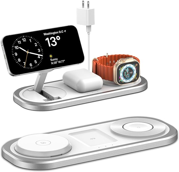3 in 1 Fast Wireless Charger Stand for iPhone, Foldable Travel Charging Station for Magsafe for iPhone 17/Air/16/15/14/13/12 Series, Apple Watch Series, AirPods pro/2/3/4, Gifts for Women Men (Silver)