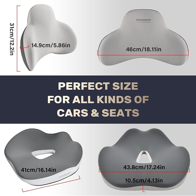 Coverado Car Seat Cushion and Lumbar Support Pillow, Memory Foam Ergonomic Back Support Driving Seat Cushion for Sciatica, Tailbone, Back Pain, Non-Slip Washable Cushion for Car, Driver, Office