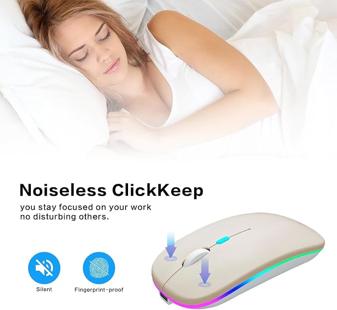 AIKOKOK Wireless Bluetooth Mouse, Rechargeable, Dual Mode Bluetooth 5.2 & 2.4G USB, LED Lights, Slim, Silent, Portable Computer Mouse for Laptop, PC, MacBook, iPad, Tablet (Gold)