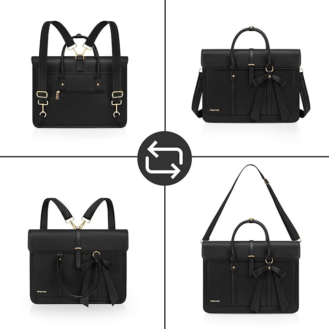MOSISO Laptop Bag for Women, 13-14 inch PU Leather Laptop Shoulder Bags Convertible Backpack, 13.3 inch Messenger Bags Casual Handbag Work Briefcase Travel Computer Bag with Bowknot, Black